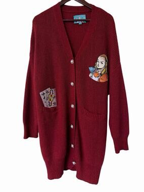 Unlogical Poem Alice in Wonderland Knit Cardigan Sweater Maroon Red Longline L